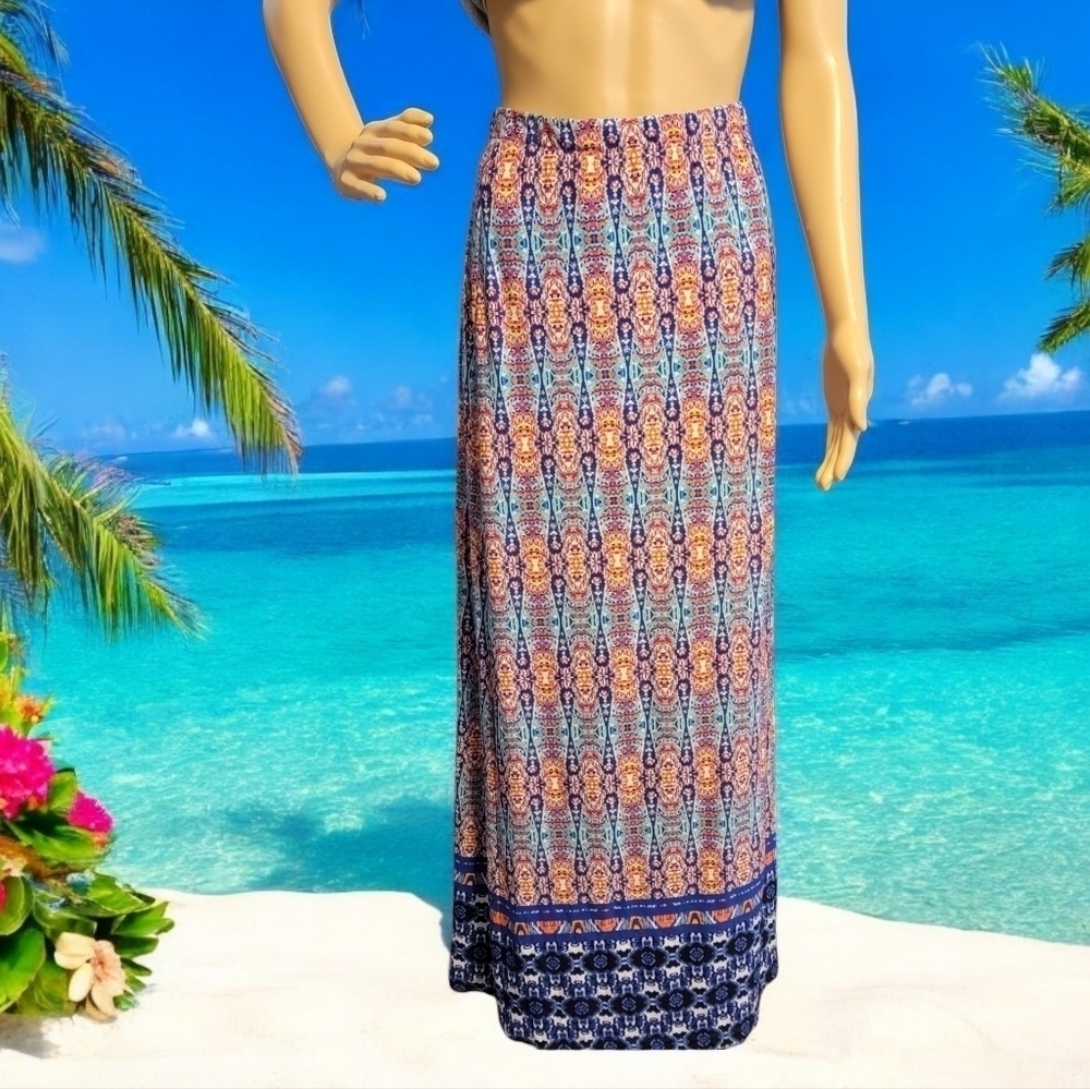 Cato Women's sz L Maxi Pull-On Skirt blue orange Vacation Travel